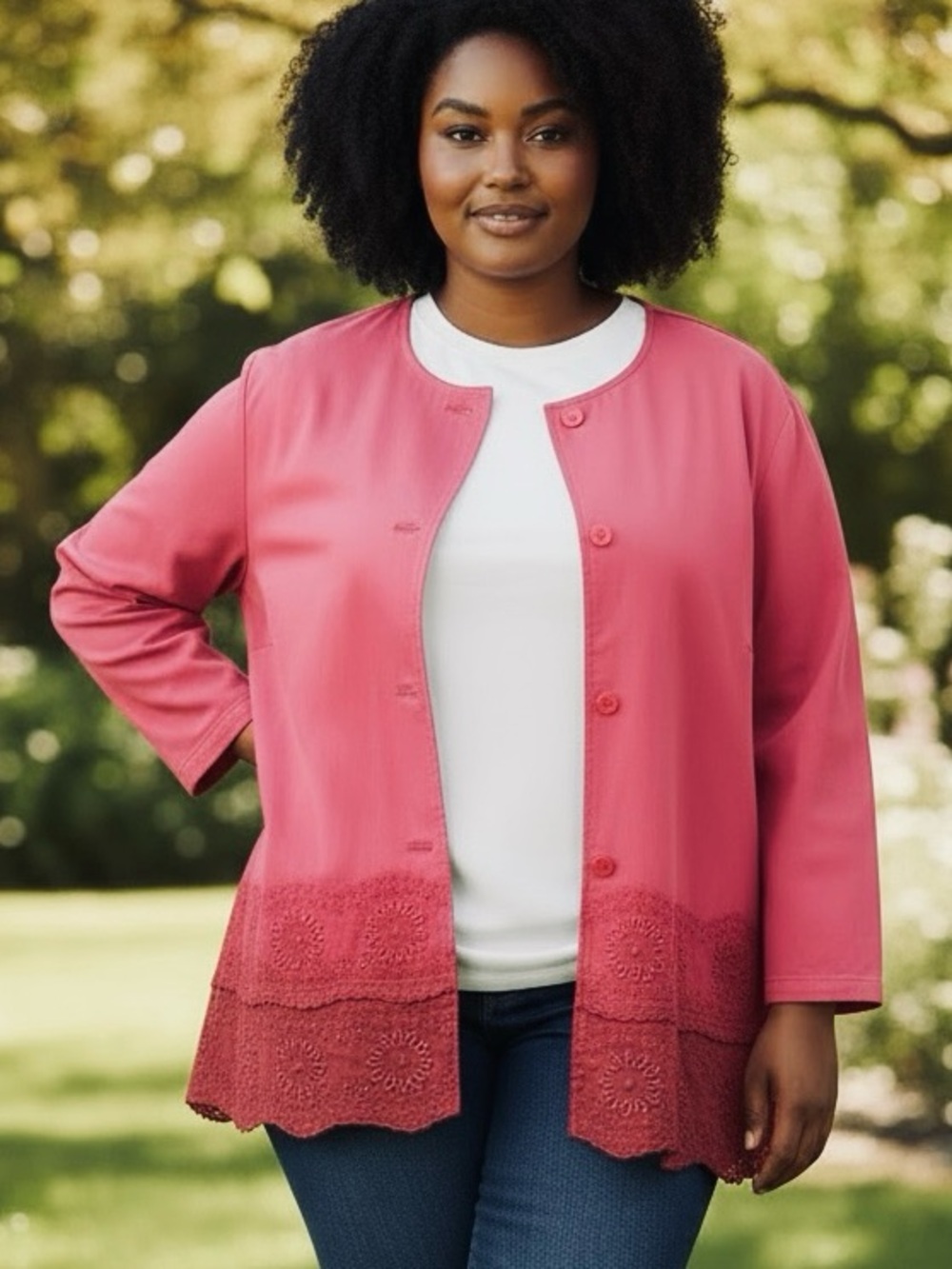 NWOT LIZ CLAIBORNE DEEP PINK BUTTON-FRONT COLLARLESS JACKET W EYELET BORDERS 2X